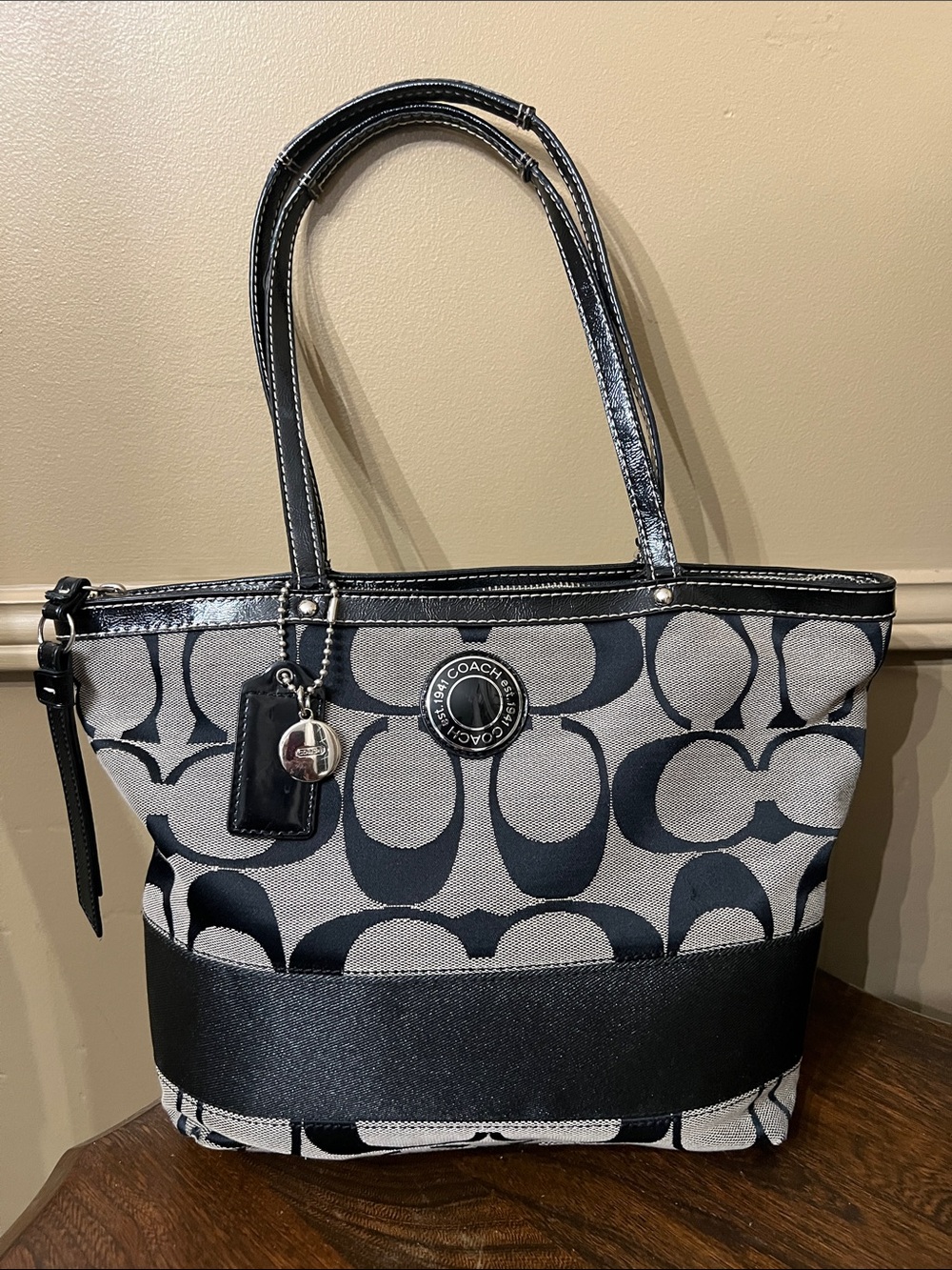 Coach Signature Tote in Black and Gray Canvas